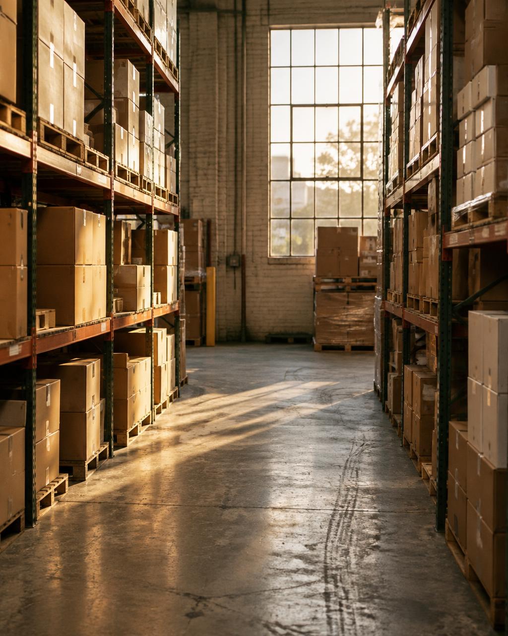 Warehouse aisle with organized shelving under natural light